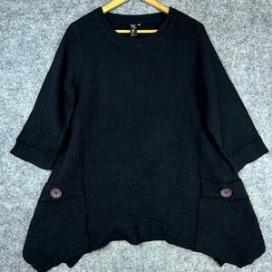 Focus Tunic Top Womens S Black Waffle Knit Shark Bite Hem Button Accent Cotton